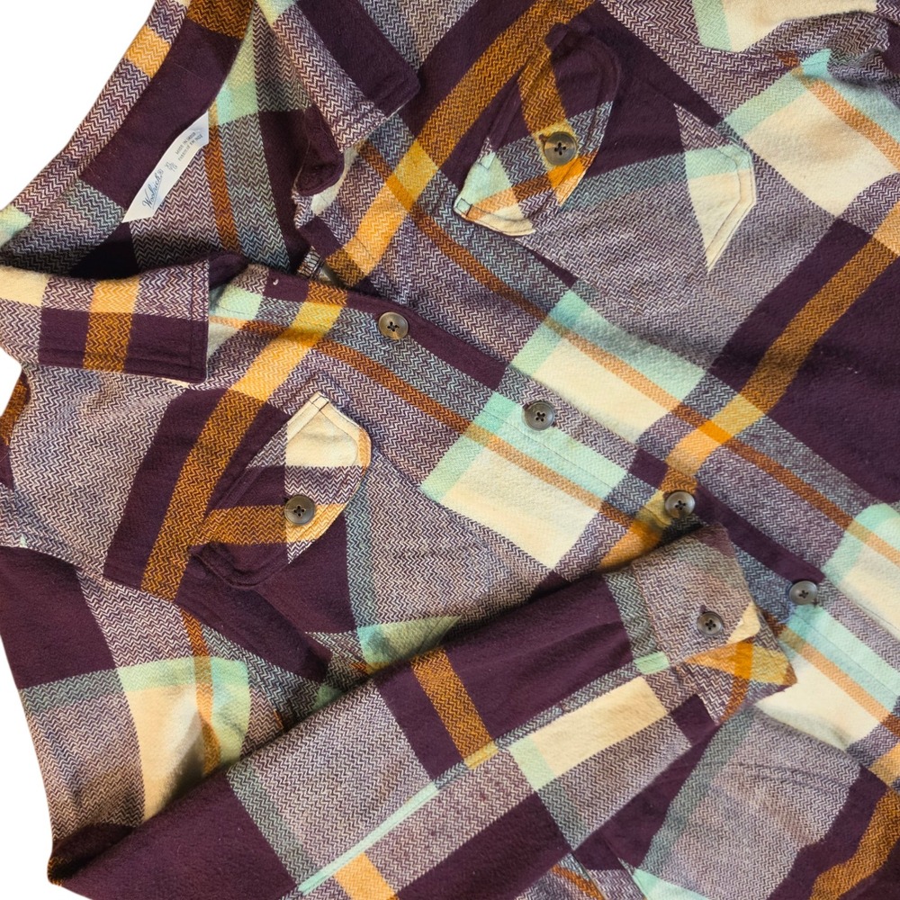 Woolrich Womens XL Plaid Shacket Purple Yellow Flannel Button Up Jacket Cotton